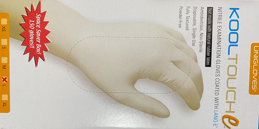 KOOLTOUCH Nitrile Examination Gloves (Large, White)- $8.925/box of 150 Gloves ($5.95/100 gloves). 1 Case of 10 Boxes.